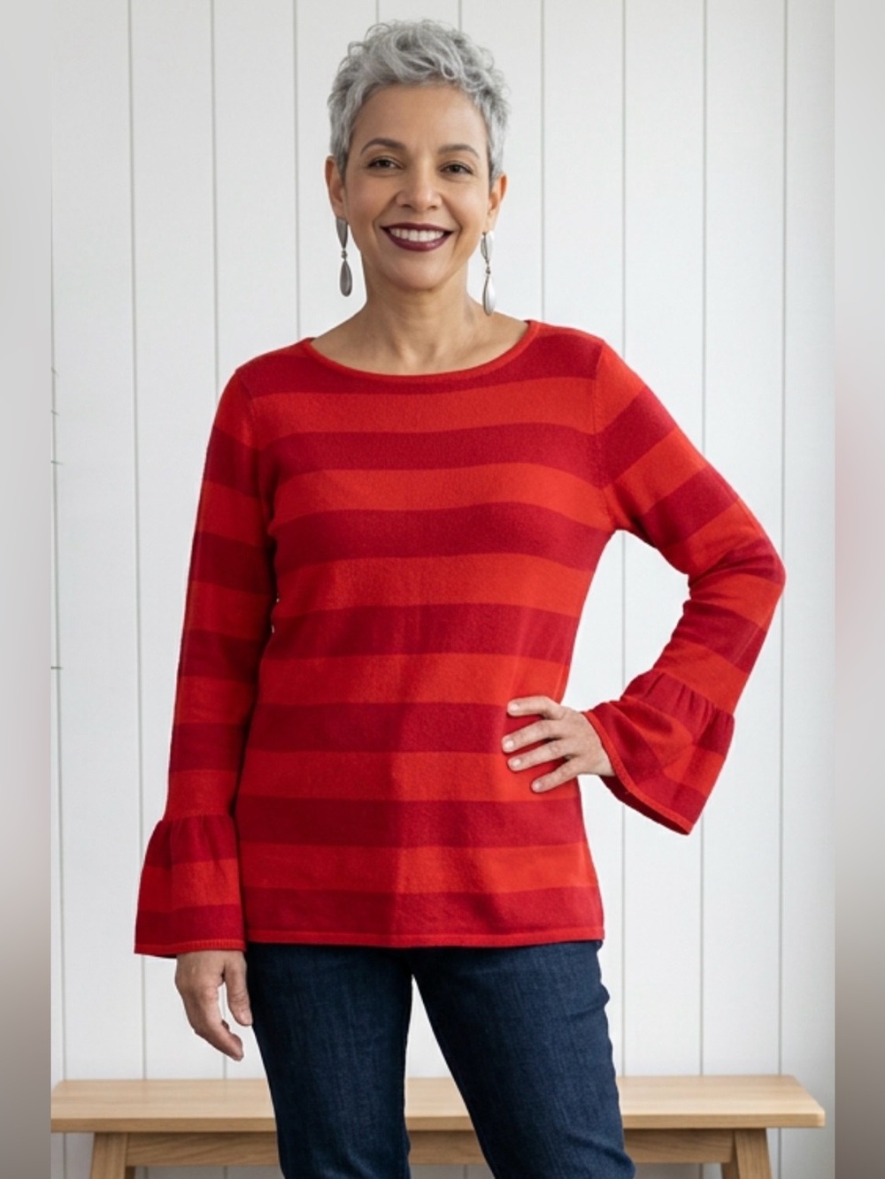 Saks Fifth Avenue Vibrant Red Long Bell Sleeve Boatneck Sweater